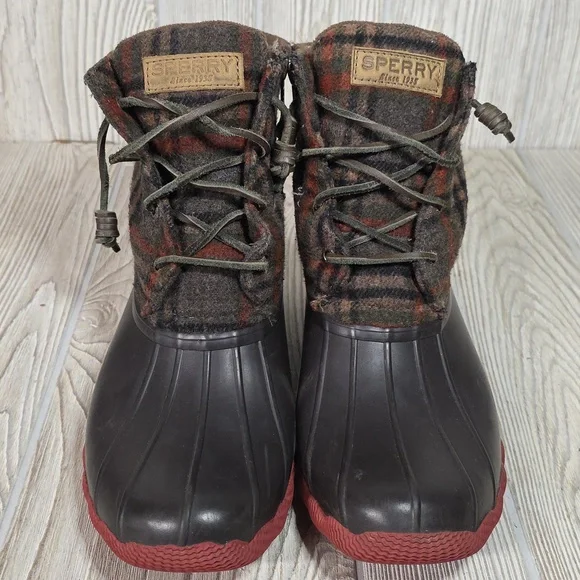 Sperry Saltwater Brown Plaid Duck Boots Womens Size 9 - Picture 3 of 14